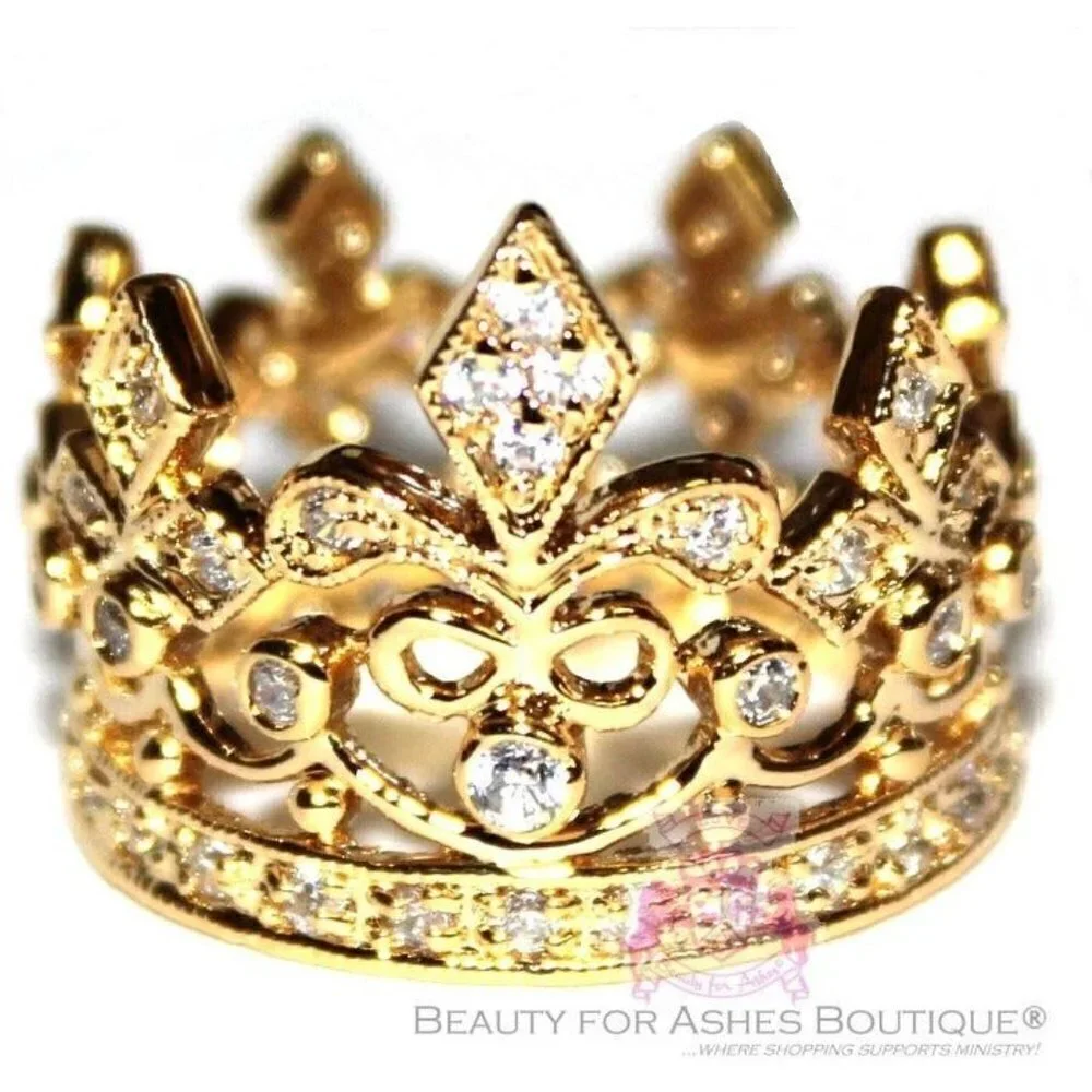 Brass Goldtone Crown Clear Cubic Zirconia Fleur-de-Lis Ring Size 9